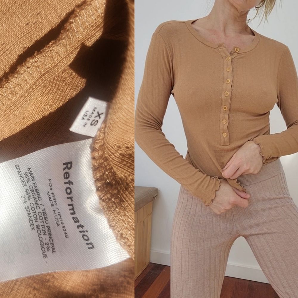 Reformation Nisa Camel Tan Pointelle Button Down … - image 4